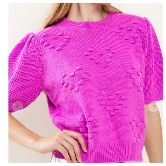 3D Heart Textured Balloon Sleeve Knit Sweater Top - Picture 5 of 6